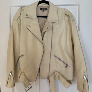 Beige Oversized Leather Biker Jacket